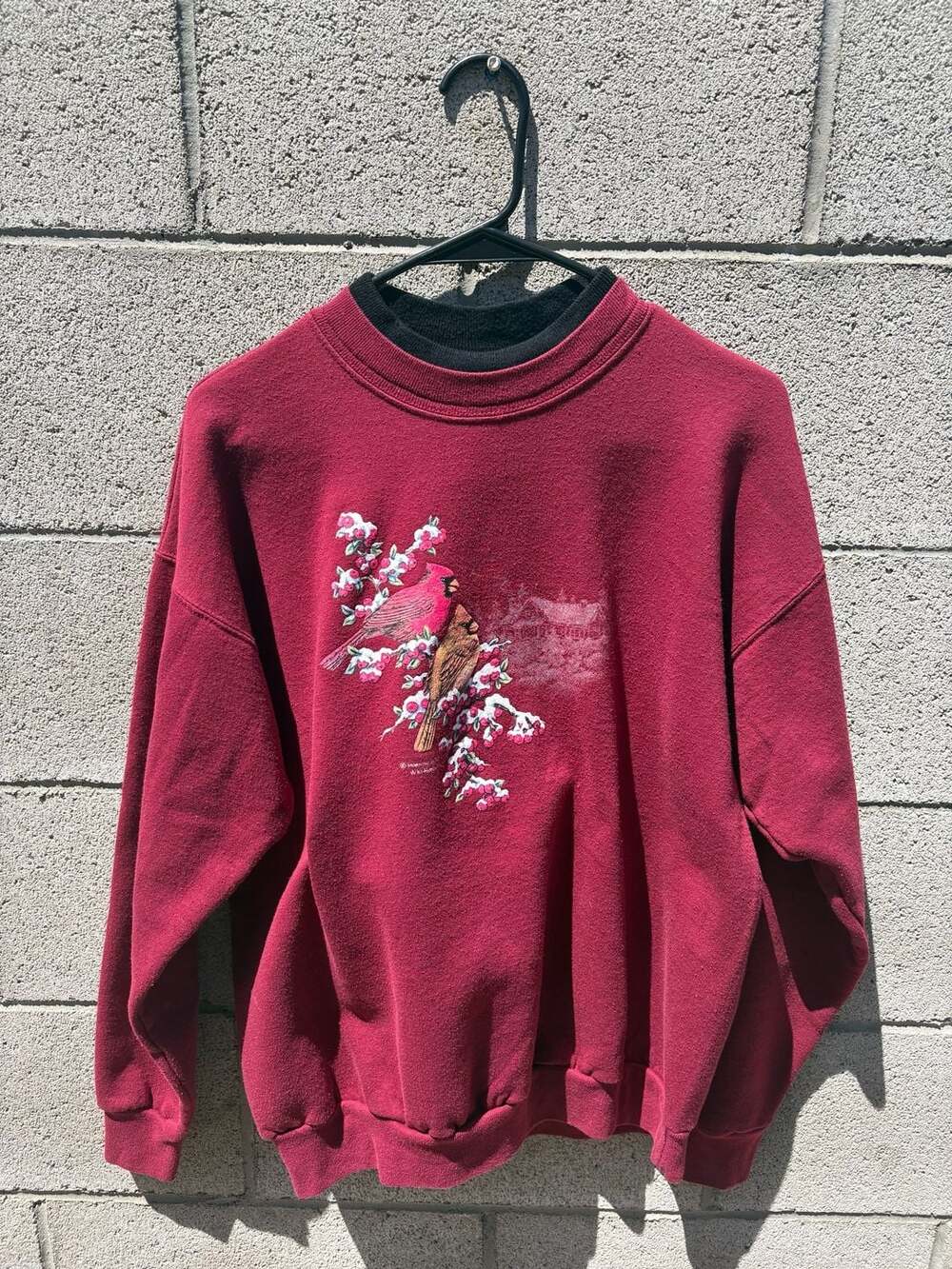 Vintage Morning Sun Cardinal Birds Winter Habitat Graphic Red Crewneck Sweatshir